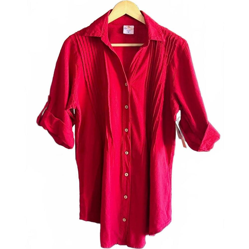 NWT Sea Breeze of California Tunic Red Sz Large Button Up Roll Up Sleeve